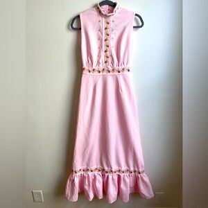 Vintage 60s Vicky Vaughn Junior Pink Maxi Dress Floral Ribbon Ruffle Small 25" W